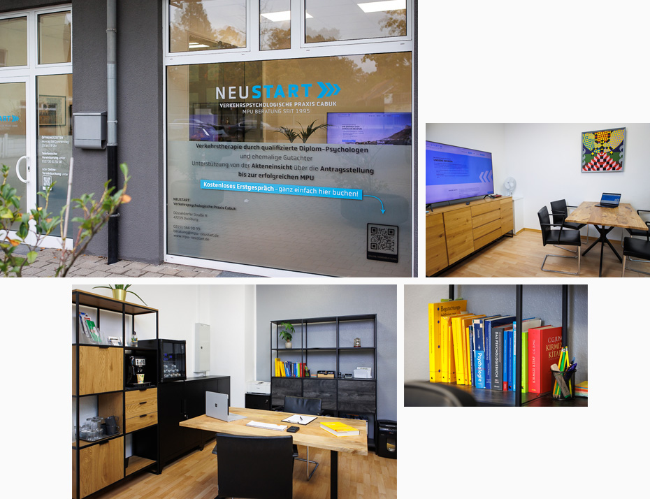 Bildercollage aus Fotos vom Standort Duisburg: Zu sehen ist die Fensterfront, ein Büro sowie der Besprechungsraum und ein Bücherregal.