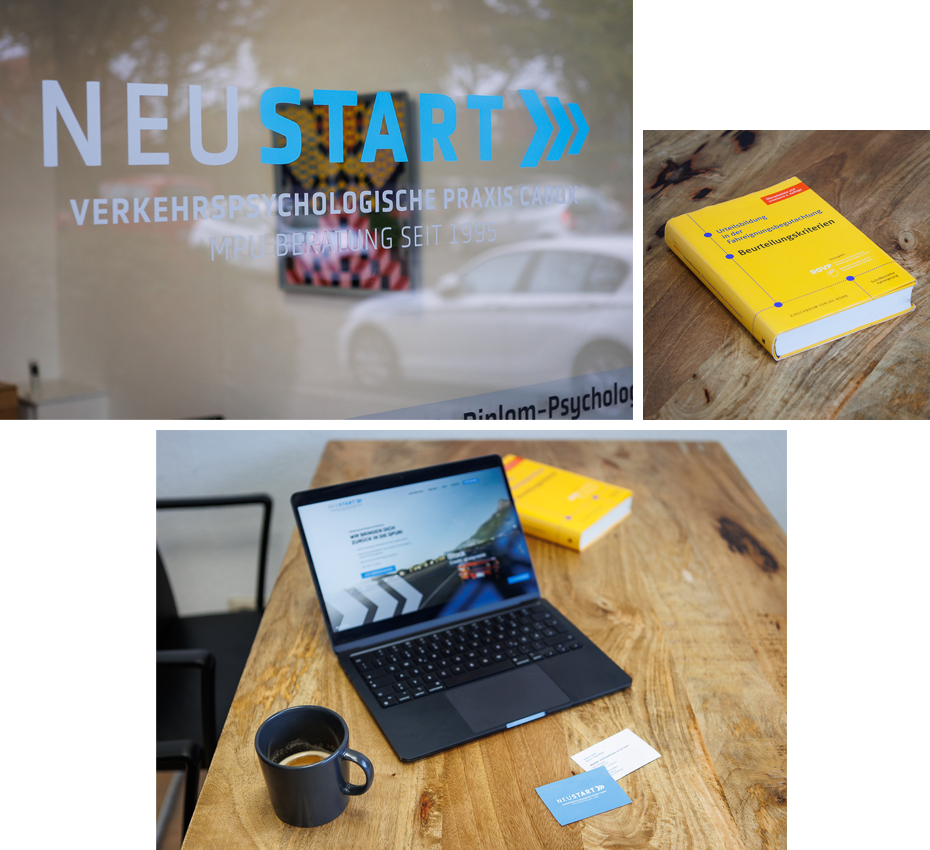 3 Bilder in einer Collage vom Standort Haan. Zu sehen ist die Schaufensterbeschriftung, ein Buch und ein Laptop